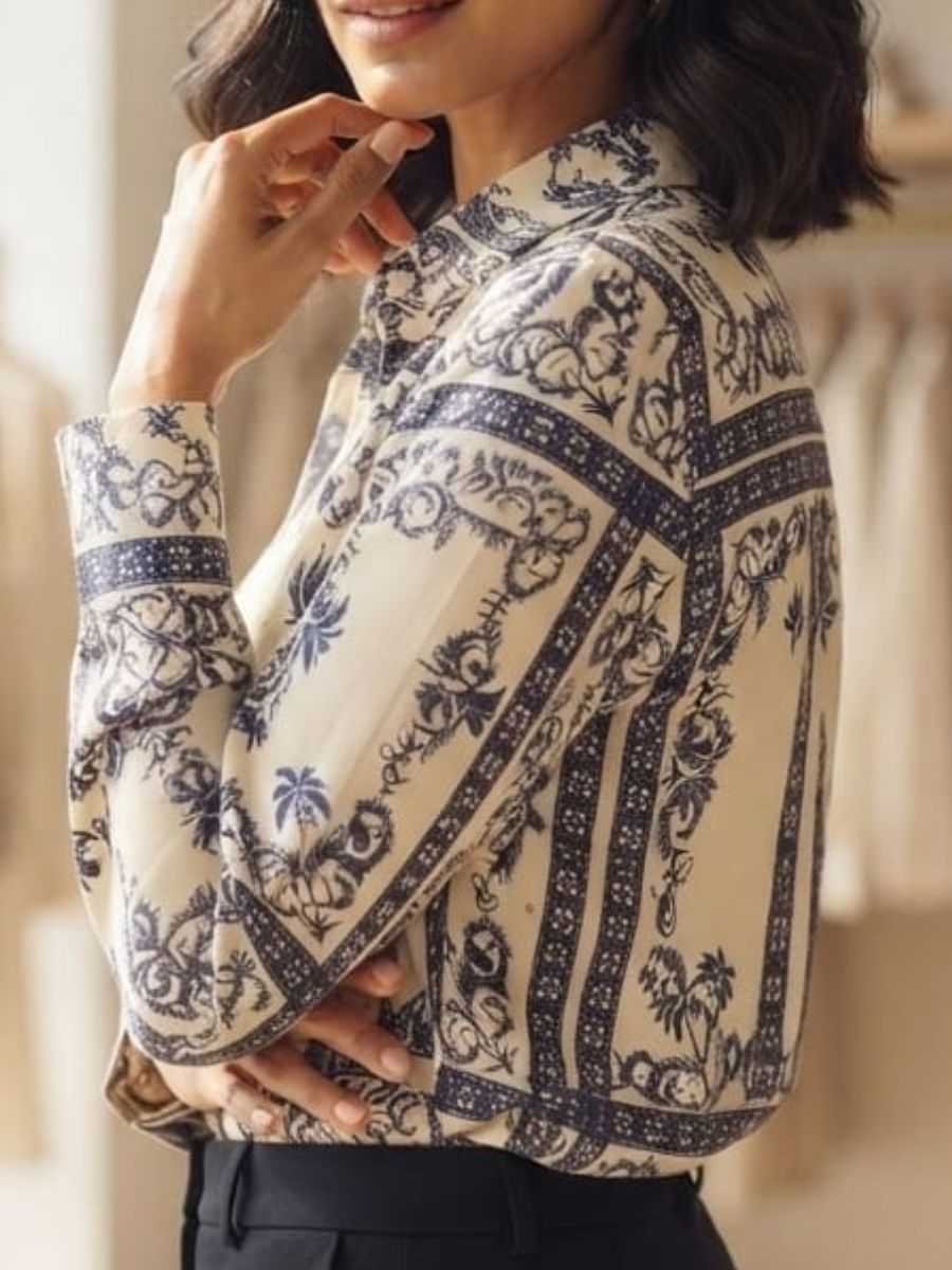 ModaFesta -blue flawer print formal satin shirt
